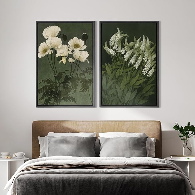 IDEA4WALL Framed Canvas Print Wall Art Set White Bloom Botanical Elegant Green and Cream Floral Illustrations Modern Art Decorative Calm/Zen for Living Room, Bedroom, Office - 24"x36"x2 Black