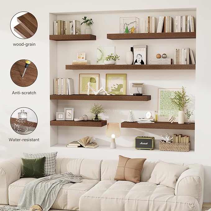 24 Inch Floating Shelves, 12" Deep Floating Shelf Wall Mounted, 24" Wall Shelves, Rustic Deep Bookshelf, Extra Deeper & Thicker Display Shelves for Bedroom, Living Room, Walnut, Set of 2