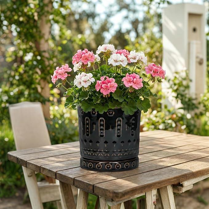 Eightpot 8 Inch Pots for Plants, Ceramic Plant Pot for Indoor Outdoor, Round Planter with Drainage Hole and Tray, Modern Flower Pot, Decorative Plant Pots, Room Decor, House Warming Gifts, Black