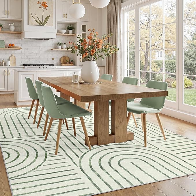 DCX Abstract Machine Washable 5x7 Rug, Sage Green Modern Accent Rug for Living Room, Soft Low Pile Non Slip Carpet, Kid & Pet Friendly Stain Resistant Rug for Bedroom Dining Room Office
