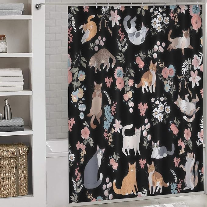 Cat Shower Curtain,Watercolor Black Floral Garden Funny Animals Bathroom Curtain Polyester Waterproof Fabric Decor 66x72in（168x183cm）