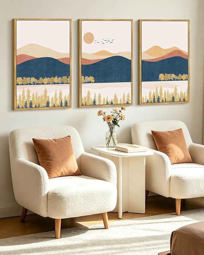 KUVIOKE Bohemain Mountain Landscape Framed Canvas Wall Art Watercolor Nature Artwork Painting Boho Farmhouse Rustic Room Decor for Bedroom Living Room 24x36in (Natural Framed)