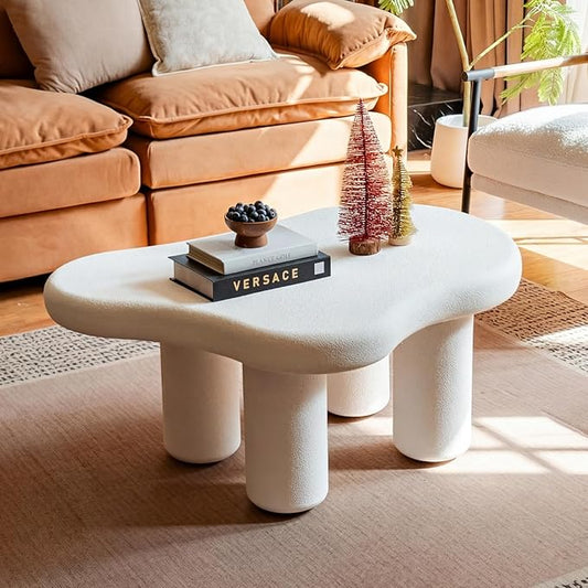 Modern Stone Cloud Coffee Table - Accent Organic-Shaped Tabletop with Textured Finish, Cloud Sofa Center Table for Living Room/Bedroom/Office (Off White)