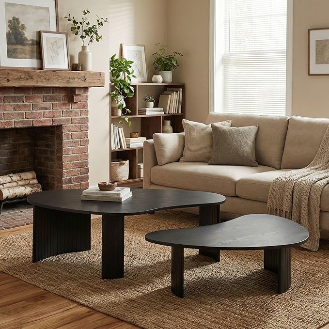 35.5 Inch Modern Black Wood Small Coffee Table for Small Spaces, Sturdy Center Table with Irregular Mango Top and Fluted Legs for Living Room, Apartment