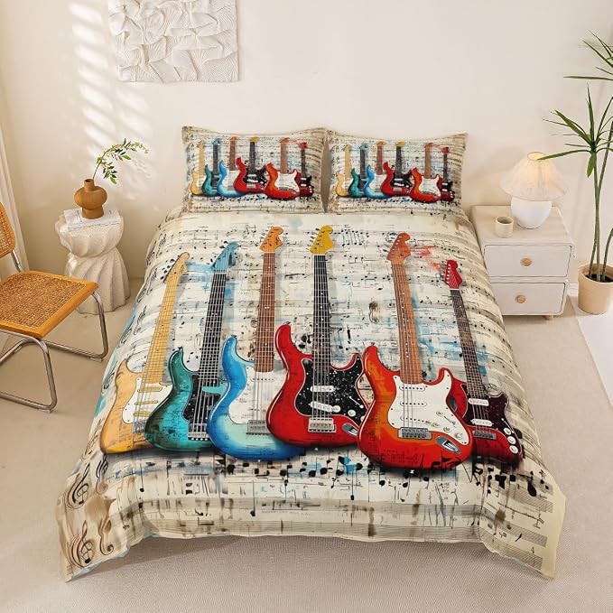 Erosebridal Chic Guitar Comforter Cover King Retro Musical Staves Pattern Bedding Set Rock Music Lovers Room Decor Duvet Cover,Rustic Musical Notes Bed Set