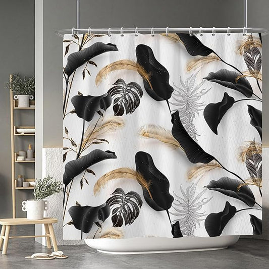 Baocicoo Black Leaves Shower Curtain Bohemian Style Shower Curtain for Bathroom Tropical Leaves Boho Floral Shower Curtains Bathtub Living Room Decor Bathroom Decorations with Hooks 72x72 Inches