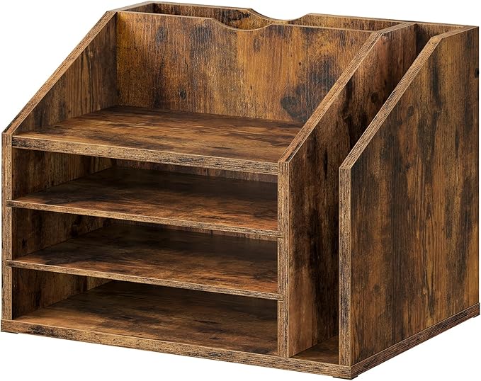 CHOEZON Wooden Desk Organizer with Adjustable Partitions, Multi-Layer Desktop File Holder for Home Office, Paper & Stationery Storage Organizer, Rustic Brown MWJ04FG