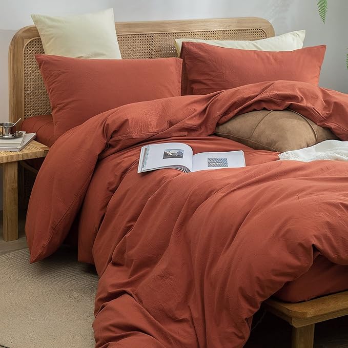 BESTOUCH Duvet Cover Set 100% Washed Cotton Linen Feel Super Soft Comfortable Chic Lightweight 2 PCs Home Bedding Set Solid Crimson Red Twin/Twin XL