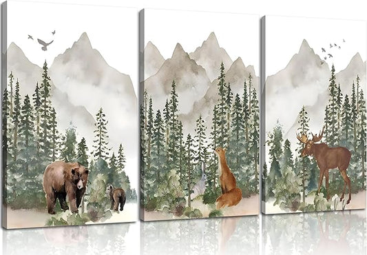 3Pcs Woodland Nursery Wall Art Wild Animals Posters Pictures Foggy Forest Canvas Prints Adventure Theme Kids Wall Decor Watercolor Paintings for Children Boys Room Girls Room Framed