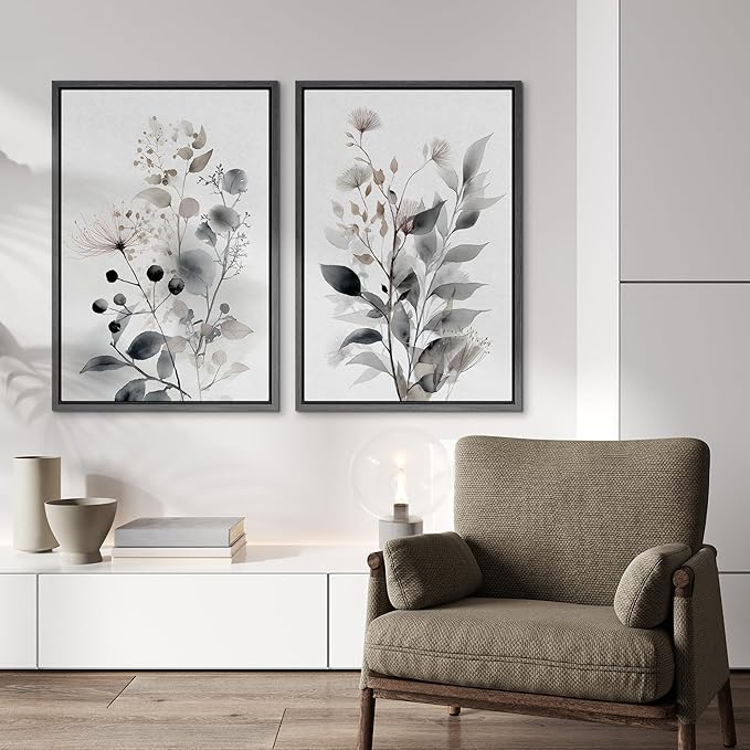 IDEA4WALL Framed Canvas Print Wall Art Set Neutral Botanical Watercolor Monochrome Leaves and Flowers Illustrations Modern Art Decorative Calm/Zen for Living Room, Bedroom, Office - 16"x24"x2 Black