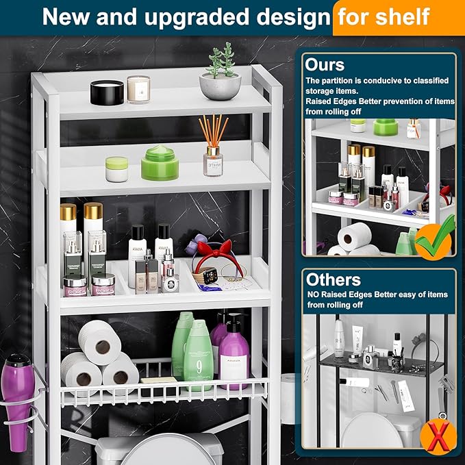 Over The Toilet Storage Cabinet,4 Tier Bathroom Organizer and Storage With Adjustable Shelf Waterproof Feet Pad and Basket Multifunctional Space Saver Freestanding Bathroom Shelves With Dividers White