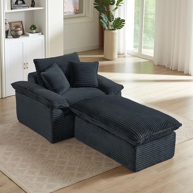 52" Boneless Chaise Lounge – Oversized Chaise Lounge Chair Indoor with Ottoman, Cup Holder & 3 Pillows, Corduroy 3-in-1 Floor Sleeper Chair Bed for Adults, Reading, Napping,Dark Grey