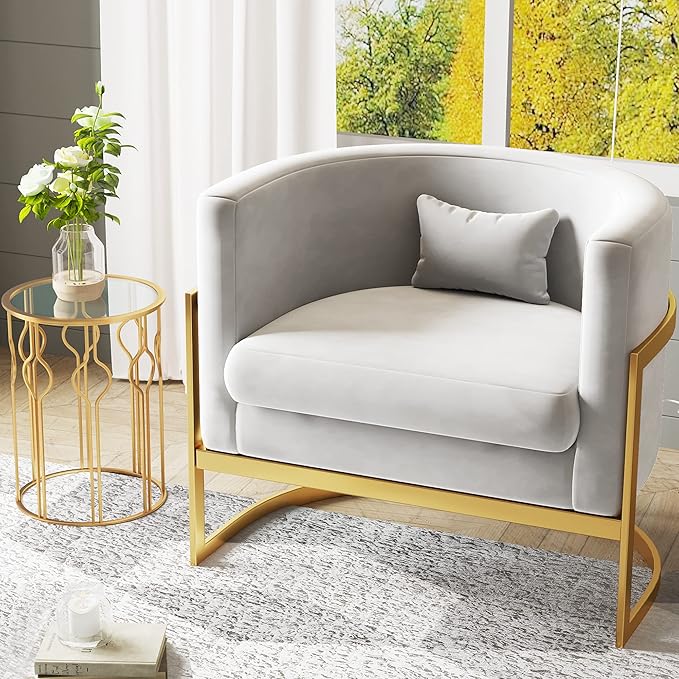 Velvet Accent Chair, Modern Barrel Chair Upholstered Armchair for Living Room Bedroom Single Sofa Chair Club Chairs Gray with Gold Legs
