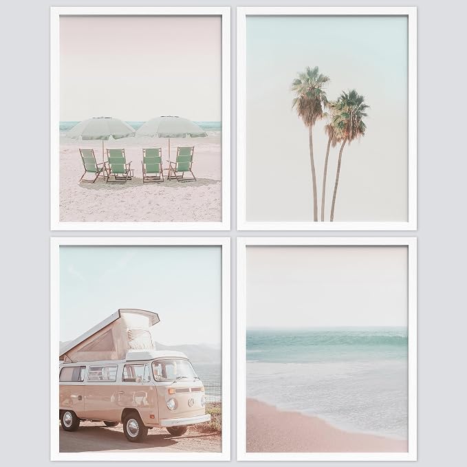 SIGNWIN Framed Collage Print Gallery Set 1980s Retro Miami Wall Art, Set of 4 Beach Landscape Wall Decor Prints, Nature Wilderness Wall Décor for Living Room, Bedroom - 8"x10" White