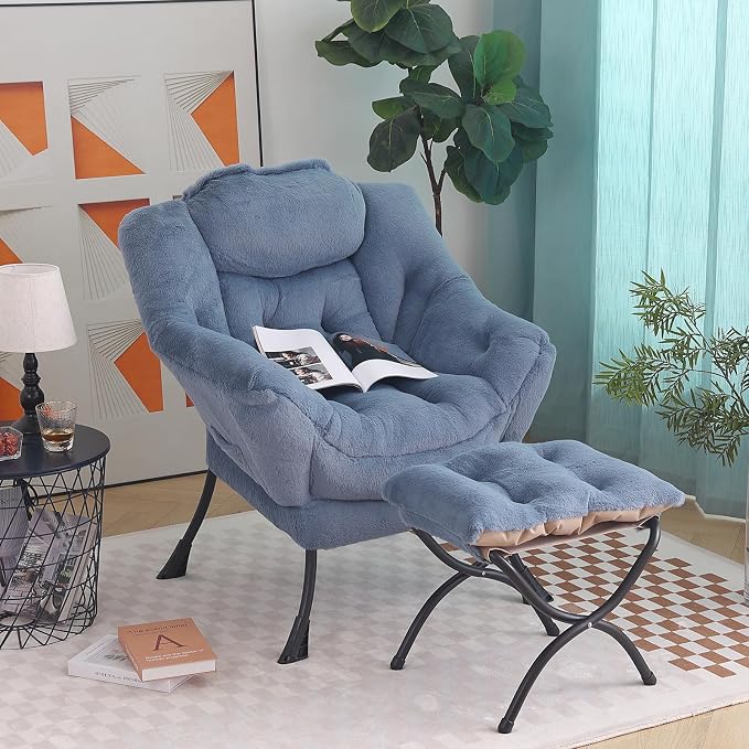 Tiita Lazy Chair with Ottoman, Blue Modern Large Accent Armchair, Comfy Leisure Sofa Reading Chair with Footrest for Bedroom, Living Room, Dorm Rooms, Garden, Plush Light Blue
