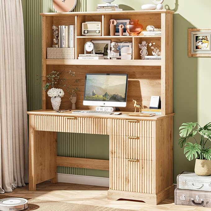 Vabches Fluted Executive Desk with Drawers, Wood Computer Desk with Ample File Drawer, Home Office Desk with Hutch for Study, Bedroom, Living Room, Oak