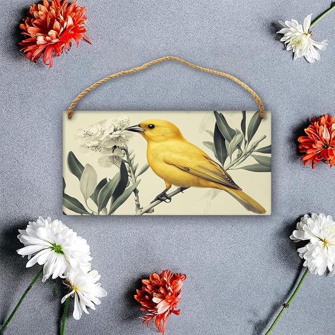 Whimsical Vintage Yellow Bird & Flowers Wooden Wall Art, Retro Home Decors for Nature Admirers, 12x6 Inch Wood Sign to Bring Retro Charm Indoors