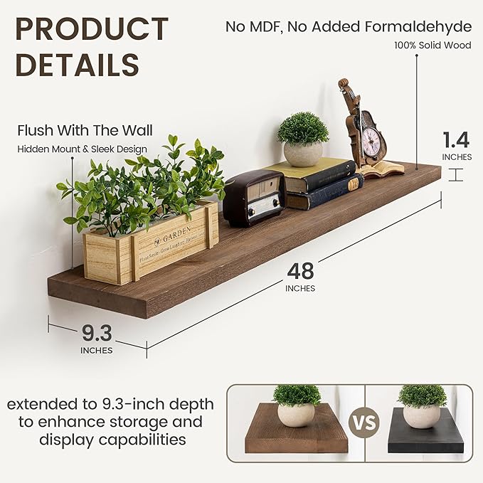 Marsmiles 48 Inch Floating Shelf | 9.3 Inch Deep Dark Wood Wall Shelf Set of 1 | Rustic Reclaimed Wood Shelves for Room Wall | Farmhouse Floating Shelves for Living Room Bathroom