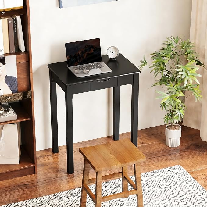 Solid Wooden Desk with Drawers - 24 x 16 Inch Narrow Desks for Small Spaces, Rubberwood Simple Study Table, Small Writing Desk for Bedroom - Modern Black Desks