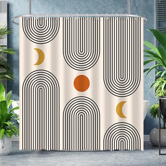 Boho Shower Curtains for Bathroom Mid Century Minimalist Abstract Aesthetic Modern Bathroom Decor Curtain Machine Washable Waterproof Fabric with 12 Hooks 72" W x 72" L
