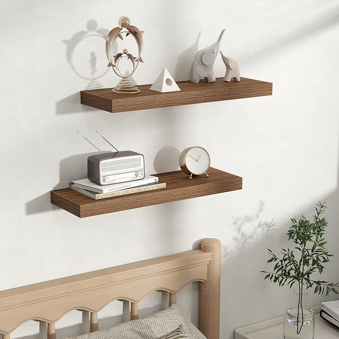 Fun Memories Rustic Wood Floating Shelves for Wall, Space-Saving Wall Mounted Shelves for Bathroom, Bedroom, Living Room and Kitchen, Stylish Storage & Display (Set of 2, Walnut, 24 in)