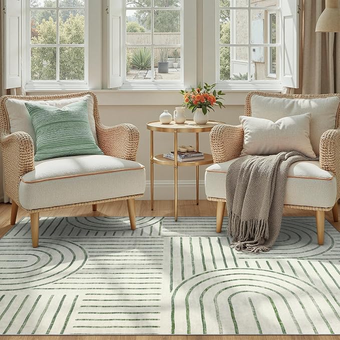 DCX Abstract Machine Washable 5x7 Rug, Sage Green Modern Accent Rug for Living Room, Soft Low Pile Non Slip Carpet, Kid & Pet Friendly Stain Resistant Rug for Bedroom Dining Room Office