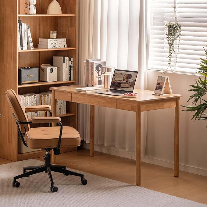 YESWOOD 100% Solid Wood Desk, Mid Century Modern Computer Desk, Home Office Writing Desk with Drawers for Study Living Room Natural Wood Color(47.24" W)