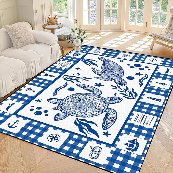 Sea Turtle Rug Coastal Ocean Print Floor Mat Blue and White Plaid Area Rug for Bedroom Living Room Nursery Kitchen Playroom Home Decor Non-Slip Washable Carpet,4'x6'