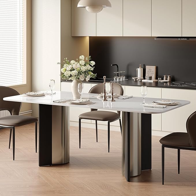 Modern Sintered Stone White Dining Table for 4-6 with Stainless Steel & Wood Legs, 63 Inch Glossy Kitchen Table, Easy Assembly Rectangular Dining Room Table (Table Only)