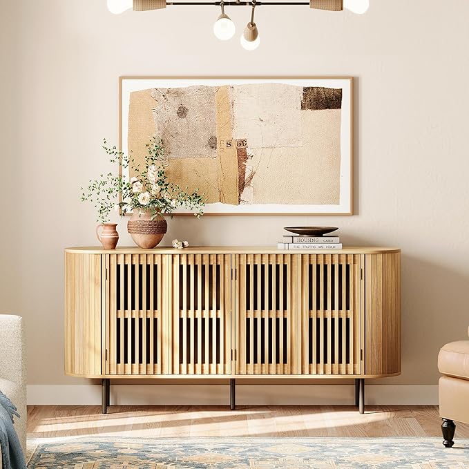 WAMPAT 66" Fluted Sideboard Buffet Cabinet,Wood Storage Cabinet with 4 Doors,Mid Century Modern Credenza for Dining Room, Living Room, Kitchen,Oak