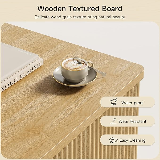 ONBRILL Fluted Lift Top Coffee Table with Storage, Mid Century Modern Coffee Table with Hidden Compartment, Rising Top Wood Center Table for Living Room, Home Office, Rounded Edges (Natural Oak)