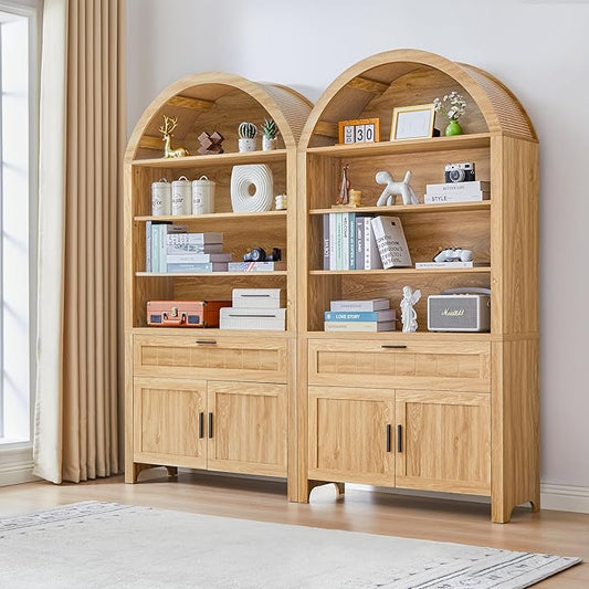Turtle&Myrtle 73" H Large Arched Bookshelf，5-Tier Arch Bookcase with Doors，Mid Century Modern Book Shelf with Drawers，Wood Bookshelf w/Open Display Shelves for Living Room, Office (Natural, 2 Set)