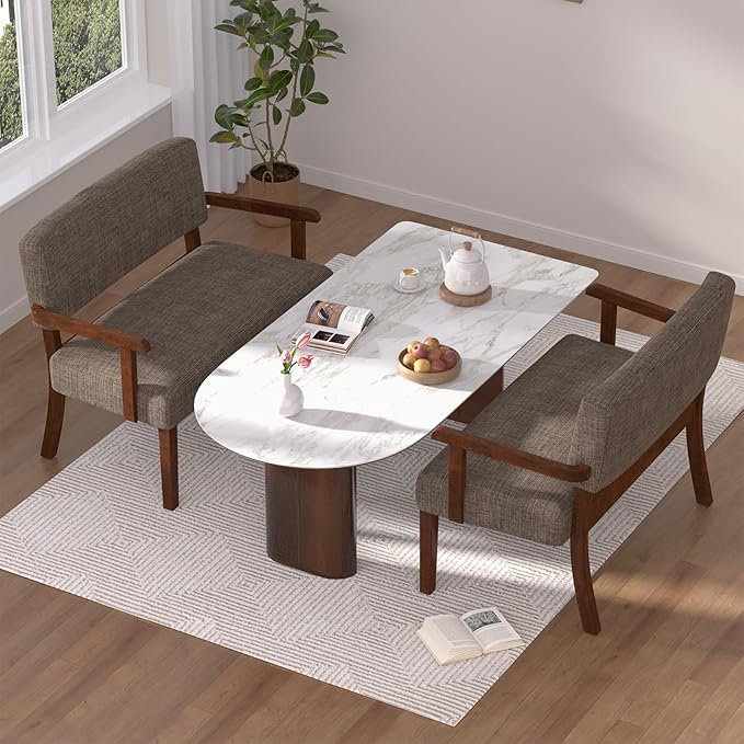 Accent Chair 2 Seat, Upholstered Reading Leisure Chair, Bench with Solid Wood Frame for Dining, Reading,Waiting Rooms (Brown)
