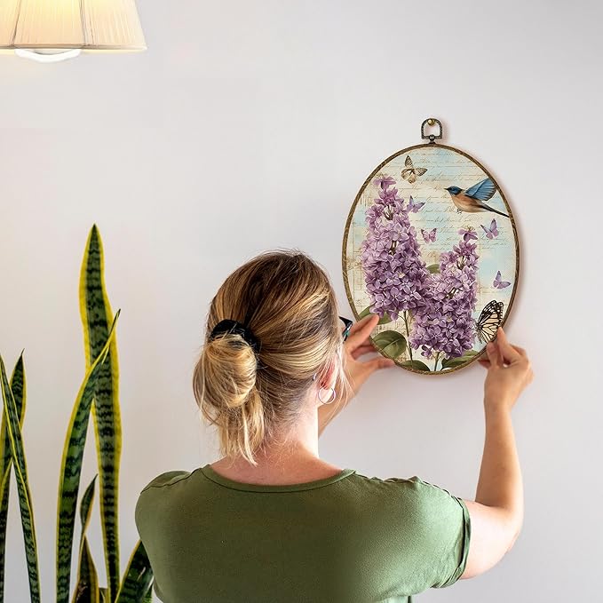 AEHIE Vintage Lilac Floral Bird Oval Wall Art Decor, Cottagecore Lilac Flower Butterfly Canvas Artwork Framed, Bird Floral Picture Oval Wall Art for Home Bedroom Living Room Decor, 11x8.5 Inches