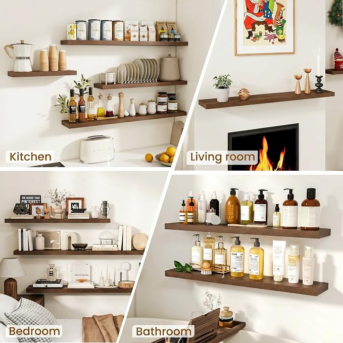 Dreamland Floating Shelves for Wall, 27.5 Inch Long Shelves, Wall Decor for Bedroom, Kitchen, Living Room & Book Storage, Mounted Floating Shelf with Invisible Brackets, Set of 2, Walnut