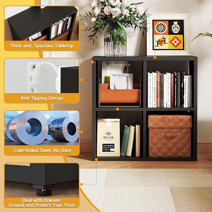 IRONMIX Metal Cube Storage Organizer, Black Bookshelf with Storage, Short Bookshelf Horizontal, Modern Small Bookcase Cube Shelf, Short Cabinet Display Case for Home Office Library (Black, 700-2 Set)