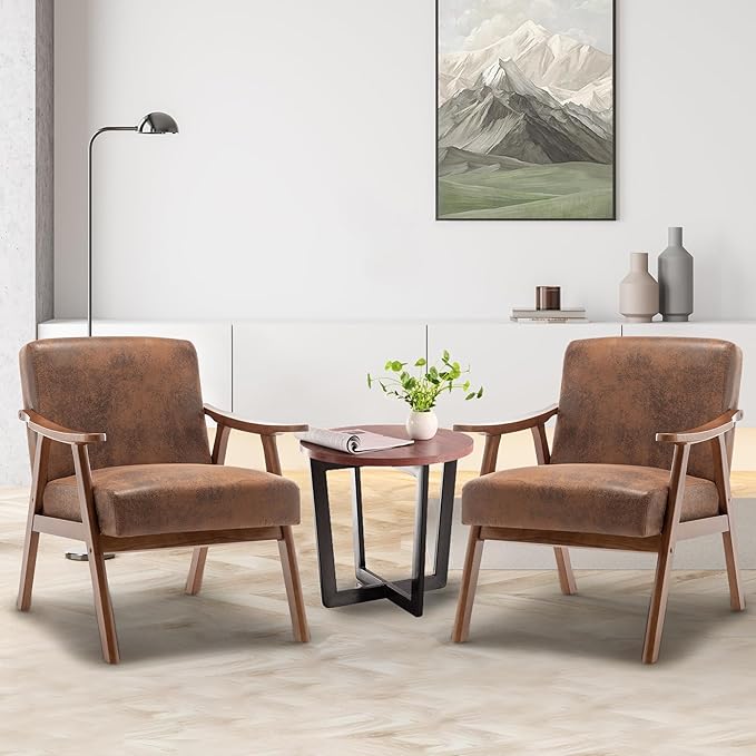 Furnimart Accent Chairs Set of 2, Mid-Century Modern Chair Reading Chairs with Extra-Thick Backrest, Wooden Armchairs for Living Room, Bedroom, Waiting Room, Brown Fabric