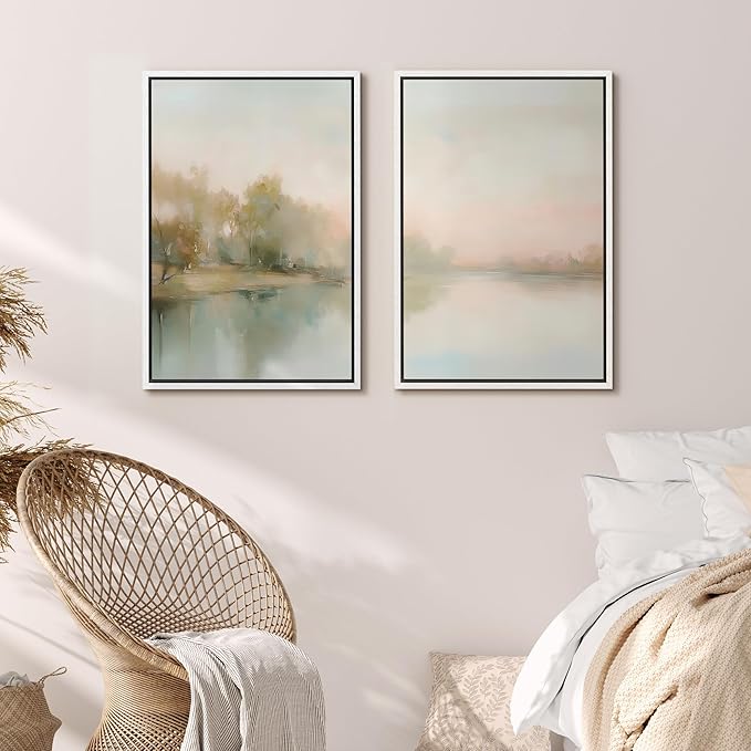 MUDECOR Framed Canvas Print Wall Art Tranquil Reflection Serene River Landscape Illustrations Modern Art Decorative Bohemian Chic for Living Room, Bedroom, Office - 24"x36"x2 White