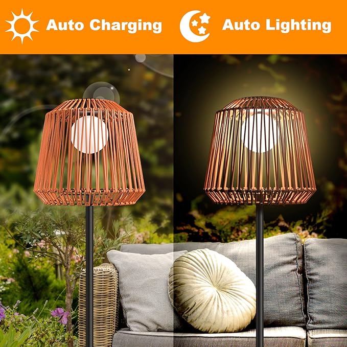 Outdoor Solar Floor Lamp, Garden Rattan Wicker Light, Metal Pole and Base, Waterproof Yard Garden Wedding Home Decor Light