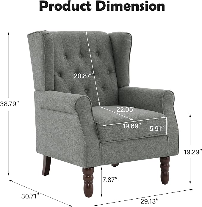 Mid-Century Modern Wingback Accent Chair - Plush Upholstered Armchair with Solid Oak Legs, Ergonomic High Back Design for Living Room, Bedroom Home Office - Stylish Retro Reading Lounge Chair, Gray