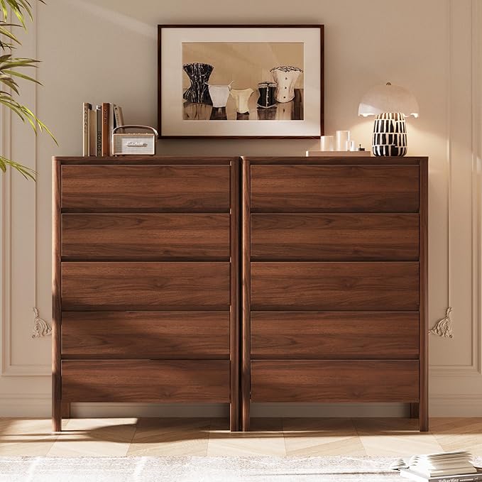 Walnut 5 Drawer Dresser for Bedroom, Modern Tall Dresser with Hidden Handles, Space-Saving Wooden Drawer Organizer, Living Room, or Hallway, Vertical Storage Chest of Drawers, 45.7" H