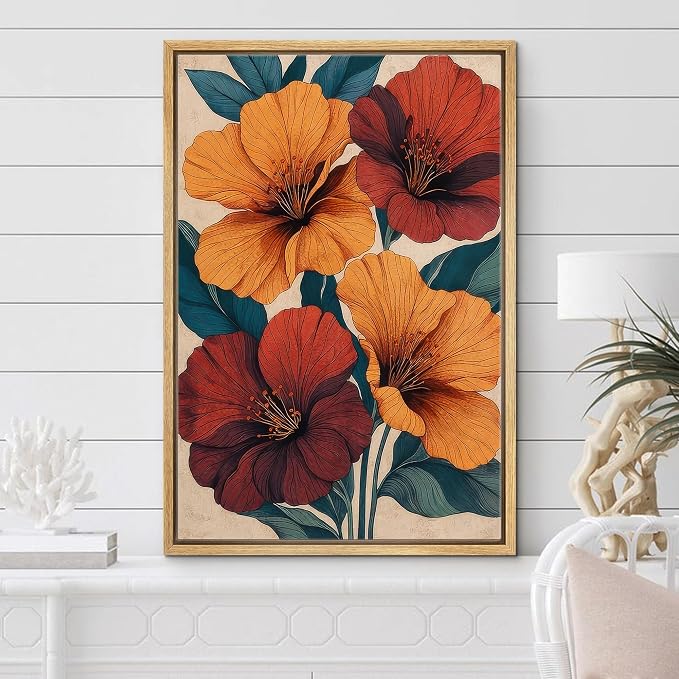 Woodrose Framed Canvas Print Wall Art Vibrant Hibiscus Floral Botanical Illustrations Modern Art Minimalist 3D Colorful Ultra for Living Room, Bedroom, Office - 16"x24" NATURAL
