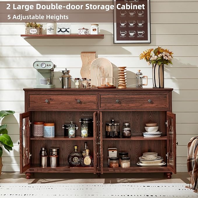 Large Sideboard Buffet Cabinet with Storage,59" Credenza with 4 Glass Doors & 2 Drawers,Adjustable Shelves Coffee Bar,Wood Kitchen Console Table for Dining Room,Living Room,Brown