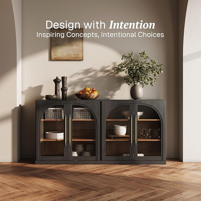 BELLEZE Set of 2 Modular Sideboard with Arched Glass Door, Accent Display Buffet Cabinet with Storage and Adjustable Shelves, 65'' Classic Modern Credenza for Dining Room Living Room Entryway (Ebony)