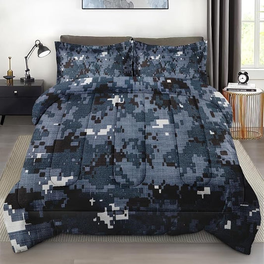 Comforter Set with 2 Pillowcases King Size, Digital Navy Blue Camouflage Camo, Bed Decor Army Military Brown Gray Seal Us for Kids and Adults, Soft Cozy Bedroom Bedding Set