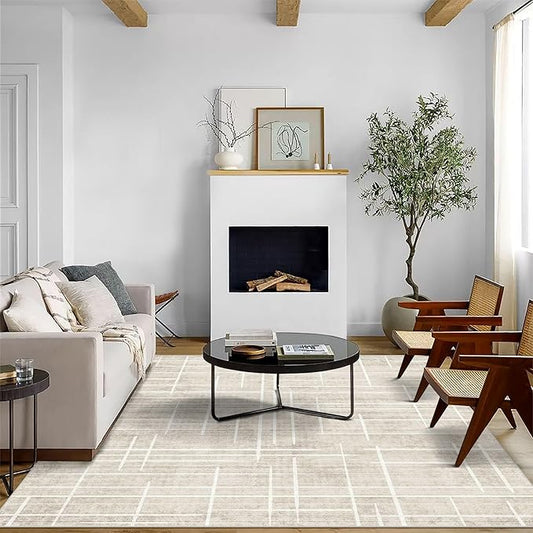 5x7 Area Rugs - Ultra-Thin Washable Rug with Non-Slip Backing, Ideal for Living Room, Bedroom, Kitchen Floor Carpet - Modern Neutral Style, Easy Clean, Durable, Low Pile Rug, Ivory Stripe