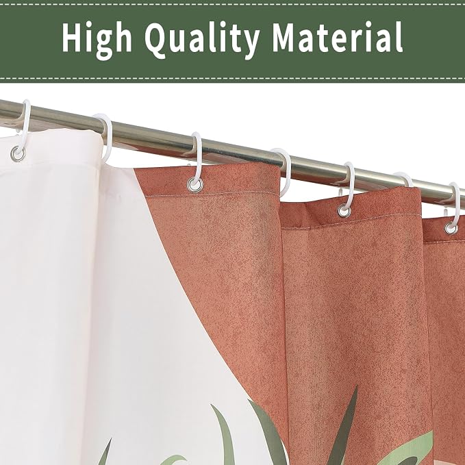 Boho Mid Century Shower Curtain, Brown Modern Minimalist Abstract Geometric Green Gold Plant Leaves Sun Arch Bathroom Curtains Waterproof Fabric Buthtub Curtain Set with Hooks 60" Wx72 L