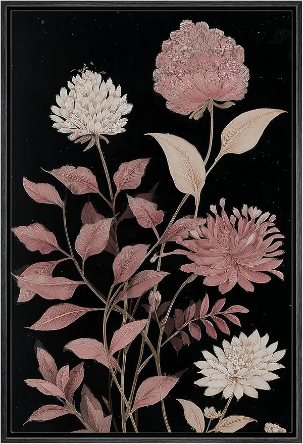Woodrose Framed Canvas Print Wall Art Soft Pink Floral Arrangement Vintage Style Botanical Illustrations Modern Art Minimalist 3D Colorful Ultra for Living Room, Bedroom, Office - 24"x36" BLACK