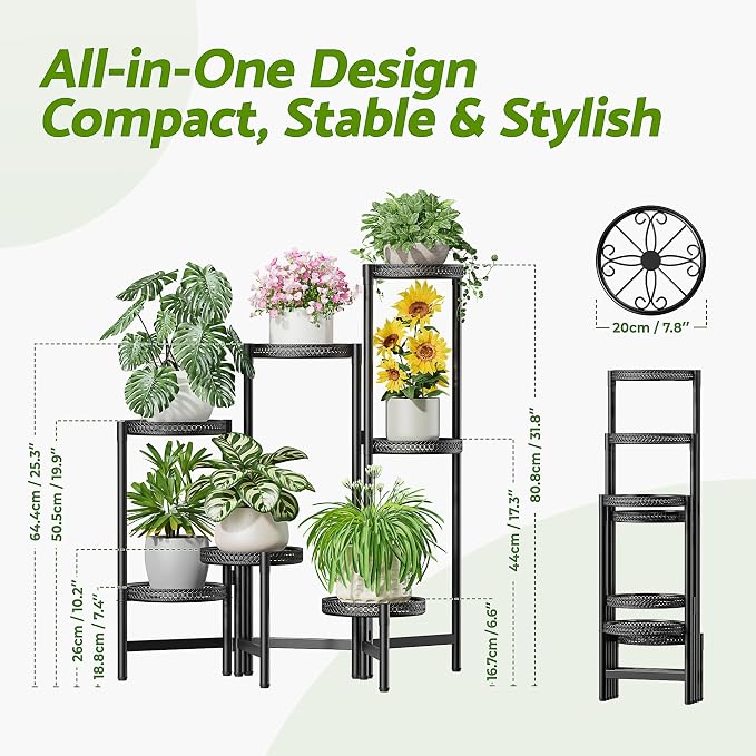 Stand Plants, 7 Tier Metal Plant Stands for Outdoor Indoor Plants,Heavy Duty Flower Pot Stands for Multiple Plants,Decoration Display Racks for Patio Garden -BlackS