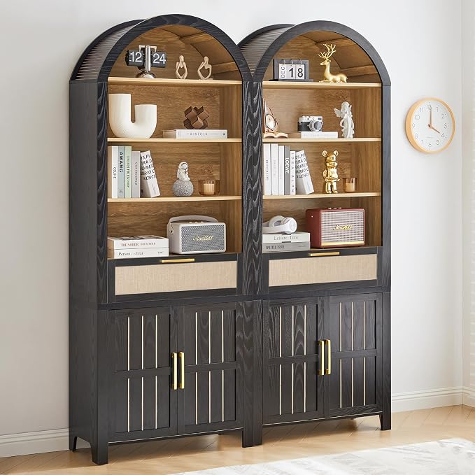 81" Tall Arched Bookcase, 4 Tiers Arch Bookshelf with Doors Storage and Drawer, Modern Farmhouse Book Shelf with Adjustable Shelves, Wood Bookshelf w/Open Display for Living Room, (Black/Natural, 2PC)